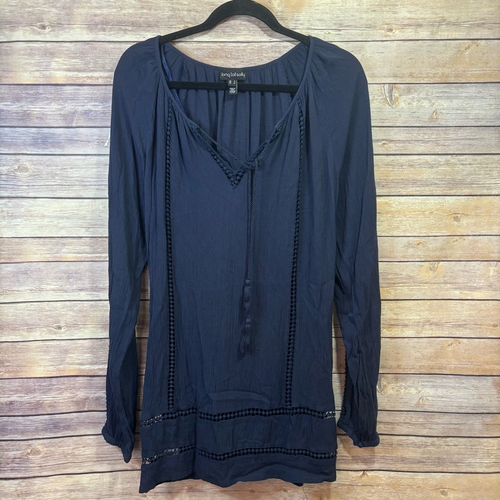 Long Tall Sally navy embroidered tunic top Size 8